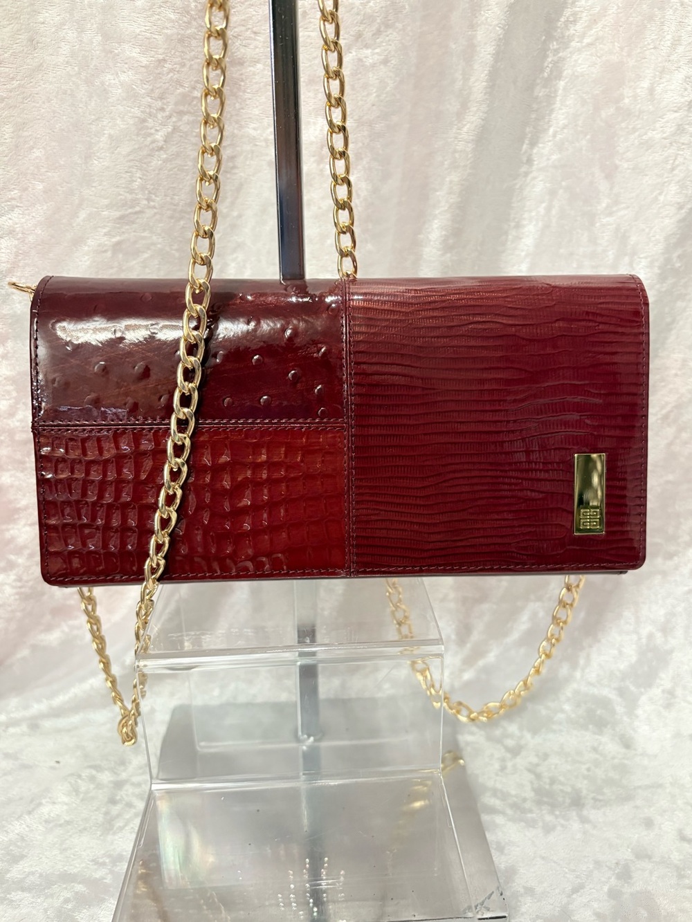 Givenchy Patent Leather Printed Leather Continental Kisslock Wallet Oxblood COA